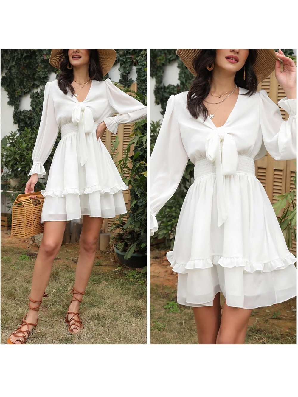 White Tie-Front Ruffle Mini Dress - Picture 3 of 5